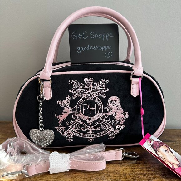 New Paris Hilton PH Crest Bowler Satchel Crossbody Bag Black Pink Logo Charm - Picture 1 of 8
